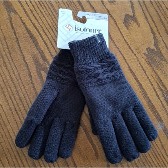 Isotoner Signature Women's Black Cable Knit Gloves 1-Size Fleece Lined New! - Picture 1 of 4